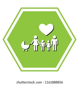 Family sign with heart. Husband and wife are kept children's hands. Vector. White icon with black shadow at yellow green honeycomb on white background.