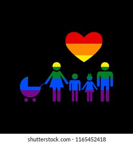 Family sign with heart. Husband and wife are kept children's hands. Vector. Icon with colors of LGBT flag at black background.