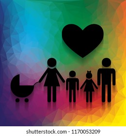 Family sign with heart. Husband and wife are kept children's hands. Vector. Flat style black icon on white.