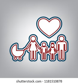 Family sign with heart. Husband and wife are kept children's hands. Vector. Dark red, transparent and midnight green stroke of white icon at grayish background.