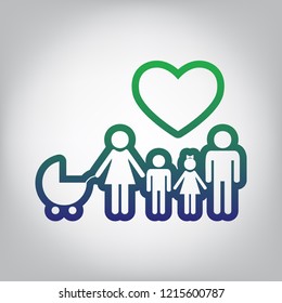 Family sign with heart. Husband and wife are kept children's hands. Vector. Green to blue gradient contour icon at grayish background with light in center.