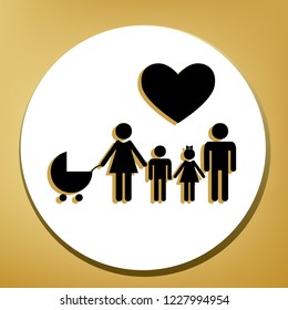 Family sign with heart. Husband and wife are kept children's hands. Vector. Black icon with light brown shadow in white circle with shaped ring at golden background.