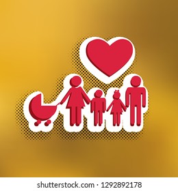 Family sign with heart. Husband and wife are kept children's hands. Vector. Magenta icon with darker shadow, white sticker and black popart shadow on golden background.