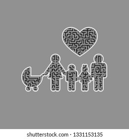 Family sign with heart. Husband and wife are holding children's hands. Vector. Black maze filled icon with white border at gray background.