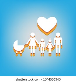 Family sign with heart. Husband and wife are kept children's hands. Vector. White icon with 3d warm-colored gradient body at sky blue background.