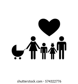 Family sign with heart. Husband and wife are kept children's hands. Flat style black icon on white.