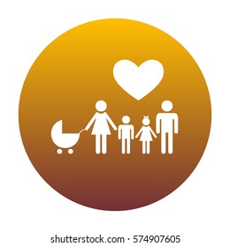 Family sign with heart. Husband and wife are kept children's hands. White icon in circle with golden gradient as background. Isolated.