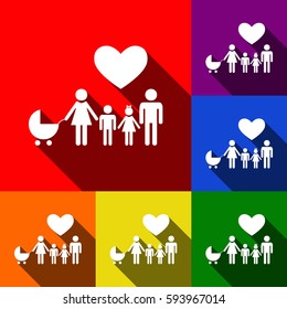 Family sign with heart. Husband and wife are kept children's hands. Vector. Set of icons with flat shadows at red, orange, yellow, green, blue and violet background.