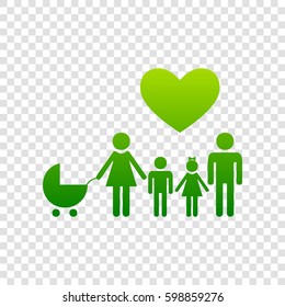 Family sign with heart. Husband and wife are kept children's hands. Vector. Green gradient icon on transparent background.