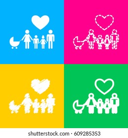 Family sign with heart. Husband and wife are kept children's hands. Four styles of icon on four color squares.