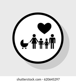 Family sign with heart. Husband and wife are kept children's hands. Vector. Flat black icon in white circle with shadow at gray background.