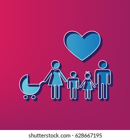 Family sign with heart. Husband and wife are kept children's hands. Vector. Blue 3d printed icon on magenta background.