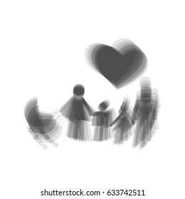 Family sign with heart. Husband and wife are kept children's hands. Vector. Gray icon shaked at white background.