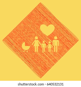 Family sign with heart. Husband and wife are kept children's hands. Vector. Red scribble icon obtained as a result of subtraction rhomb and path. Royal yellow background.