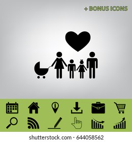 Family sign with heart. Husband and wife are kept children's hands. Vector. Black icon at gray background with bonus icons 