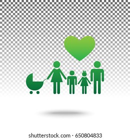 Family sign with heart. Husband and wife are kept children's hands. Vector. Green gradient icon with shadow at bottom on transparent and white background.
