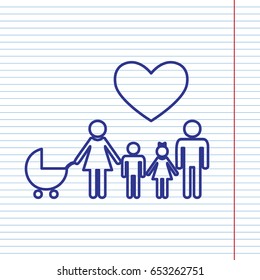 Family sign with heart. Husband and wife are kept children's hands. Vector. Navy line icon on notebook paper as background with red line for field.