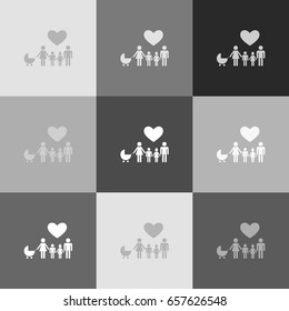 Family sign with heart. Husband and wife are kept children's hands. Vector. Grayscale version of Popart-style icon.