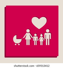 Family sign with heart. Husband and wife are kept children's hands. Vector. Grayscale version of Popart-style icon.