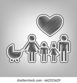 Family sign with heart. Husband and wife are kept children's hands. Vector. Pencil sketch imitation. Dark gray scribble icon with dark gray outer contour at gray background.