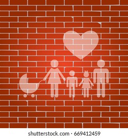 Family sign with heart. Husband and wife are kept children's hands. Vector. Whitish icon on brick wall as background.