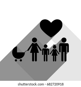 Family sign with heart. Husband and wife are kept children's hands. Vector. Black icon with two flat gray shadows on white background.