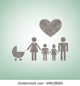 Family sign with heart. Husband and wife are kept children's hands. Vector. Brown flax icon on green background with light spot at the center.