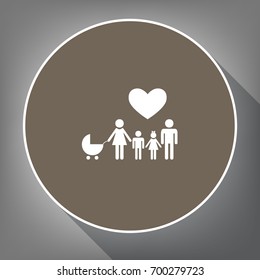 Family sign with heart. Husband and wife are kept children's hands. Vector. White icon on brown circle with white contour and long shadow at gray background. Like top view on postament.