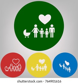 Family sign with heart. Husband and wife are kept children's hands. Vector. 4 white styles of icon at 4 colored circles on light gray background.