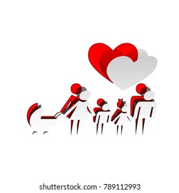 Family sign with heart. Husband and wife are kept children's hands. Vector. Detachable paper icon with red body stock. Isolated.