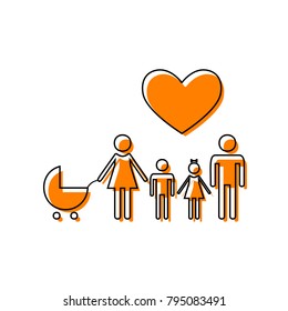 Family sign with heart. Husband and wife are kept children's hands. Vector. Black line icon with shifted flat orange filled icon on white background. Isolated.