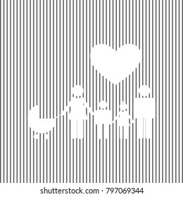 Family sign with heart. Husband and wife are kept children's hands. Vector. White icon on grayish striped background. Optical illusion.