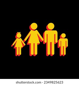 Family sign illustration. 3D Extruded Yellow Icon with Red Sides a Black background. Illustration.