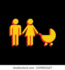 Family sign illustration. 3D Extruded Yellow Icon with Red Sides a Black background. Illustration.