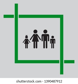 Family sign illustration. Black icon inside green crop tool at light gray background