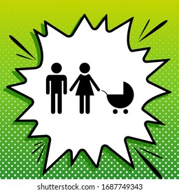 Family sign illustration. Black Icon on white popart Splash at green background with white spots. Illustration.