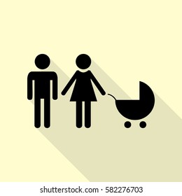 Family sign illustration. Black icon with flat style shadow path on cream background.