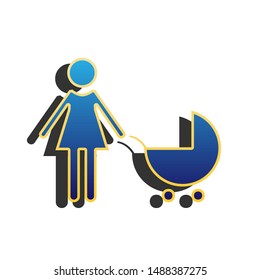 Family sign illustration. Blue icon with gold contour with dark gray shadow at white background. Illustration.