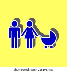 Family sign illustration. Blue Icon with white stroke in 3d at yellow Background. Illustration.