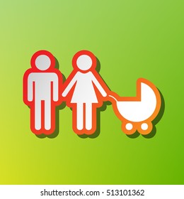 Family sign illustration. Contrast icon with reddish stroke on green background.