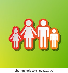 Family sign illustration. Contrast icon with reddish stroke on green background.