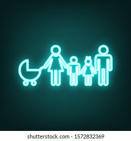 Family sign illustration. Cyan neon icon in the dark. Bluring. Luminescence. Illustration.