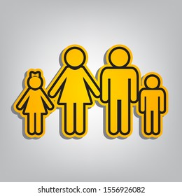 Family sign illustration. Flat orange icon with overlapping linear black icon with gray shadow at whitish background. Illustration.