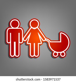 Family sign illustration. Flat red icon with linear white icon with gray shadow at grayish background. Illustration.