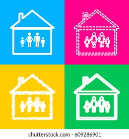 Family sign illustration. Four styles of icon on four color squares.