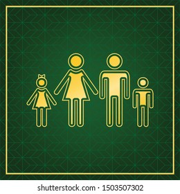 Family sign illustration. Golden icon with gold contour at dark green gridded white background. Illustration.