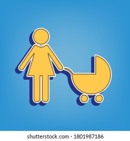Family sign illustration. Golden Icon with White Contour at light blue Background. Illustration.
