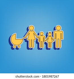 Family sign illustration. Golden Icon with White Contour at light blue Background. Illustration.