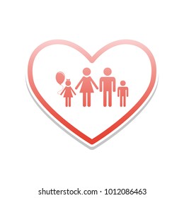 Family sign illustration in heart shape. Vector. Reddish icon with white and gray shadow on white background. Isolated.