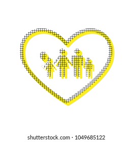 Family sign illustration in heart shape. Vector. Yellow icon with square pattern duplicate at white background. Isolated.